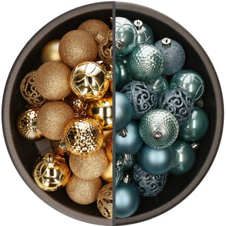 Bellatio Decorations 74x stuks kunststof kerstballen mix van goud en ijsblauw 6 cm