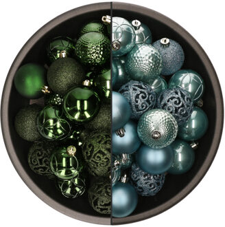 Bellatio Decorations 74x stuks kunststof kerstballen mix van ijsblauw en donkergroen 6 cm