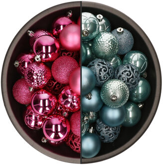 Bellatio Decorations 74x stuks kunststof kerstballen mix van ijsblauw en fuchsia roze 6 cm - Kerstbal