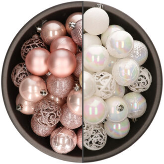 Bellatio Decorations 74x stuks kunststof kerstballen mix van lichtroze en parelmoer wit 6 cm