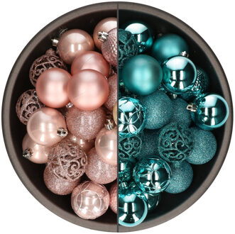 Bellatio Decorations 74x stuks kunststof kerstballen mix van lichtroze en turquoise blauw 6 cm - Kerstbal