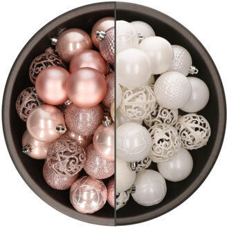 Bellatio Decorations 74x stuks kunststof kerstballen mix van lichtroze en wit 6 cm