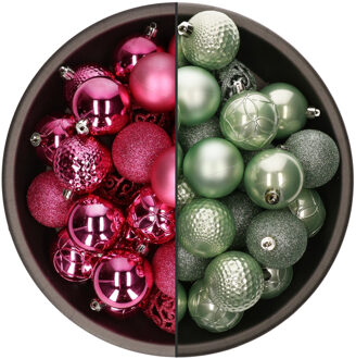 Bellatio Decorations 74x stuks kunststof kerstballen mix van mintgroen en fuchsia roze 6 cm - Kerstbal