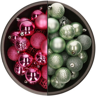Bellatio Decorations 74x stuks kunststof kerstballen mix van mintgroen en fuchsia roze 6 cm