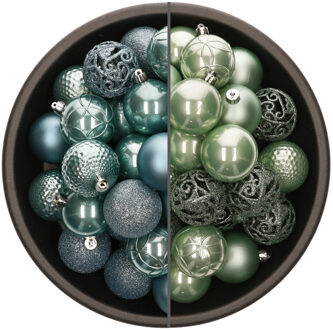 Bellatio Decorations 74x stuks kunststof kerstballen mix van mintgroen en ijsblauw 6 cm - Kerstbal