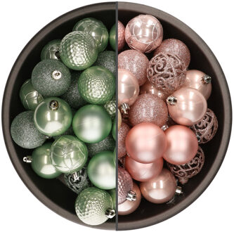 Bellatio Decorations 74x stuks kunststof kerstballen mix van mintgroen en lichtroze 6 cm