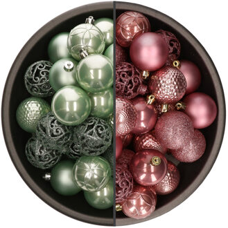 Bellatio Decorations 74x stuks kunststof kerstballen mix van mintgroen en oudroze 6 cm - Kerstbal