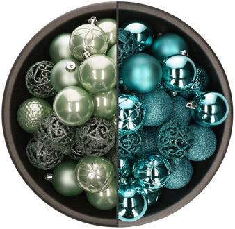 Bellatio Decorations 74x stuks kunststof kerstballen mix van mintgroen en turquoise blauw 6 cm - Kerstbal