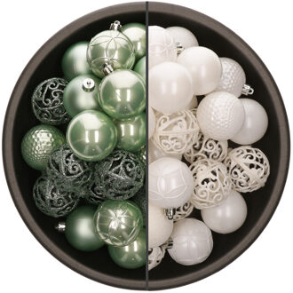 Bellatio Decorations 74x stuks kunststof kerstballen mix van mintgroen en wit 6 cm - Kerstbal