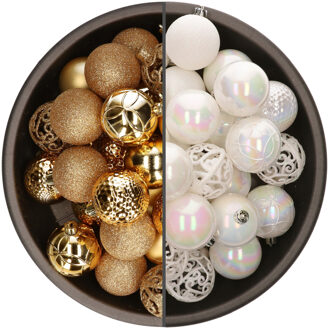 Bellatio Decorations 74x stuks kunststof kerstballen mix van parelmoer wit en goud 6 cm