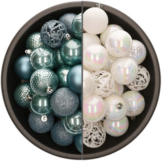 Bellatio Decorations 74x stuks kunststof kerstballen mix van parelmoer wit en ijsblauw 6 cm - Kerstbal