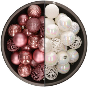 Bellatio Decorations 74x stuks kunststof kerstballen mix van parelmoer wit en oudroze 6 cm - Kerstbal