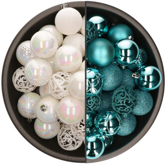 Bellatio Decorations 74x stuks kunststof kerstballen mix van parelmoer wit en turquoise blauw 6 cm - Kerstbal