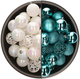 Bellatio Decorations 74x stuks kunststof kerstballen mix van parelmoer wit en turquoise blauw 6 cm