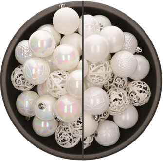 Bellatio Decorations 74x stuks kunststof kerstballen mix van parelmoer wit en wit 6 cm - Kerstbal