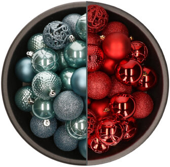 Bellatio Decorations 74x stuks kunststof kerstballen mix van rood en ijsblauw 6 cm - Kerstbal