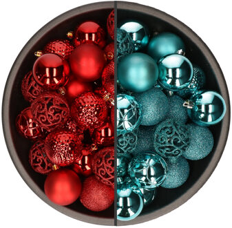 Bellatio Decorations 74x stuks kunststof kerstballen mix van rood en turquoise blauw 6 cm - Kerstbal