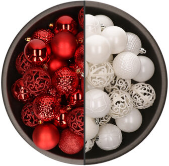 Bellatio Decorations 74x stuks kunststof kerstballen mix van rood en wit 6 cm - Kerstbal