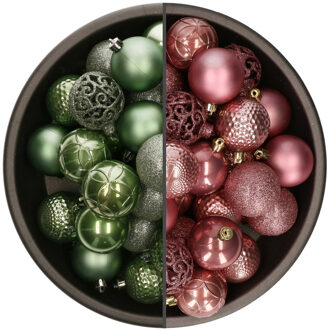 Bellatio Decorations 74x stuks kunststof kerstballen mix van salie groen en oudroze 6 cm - Kerstbal