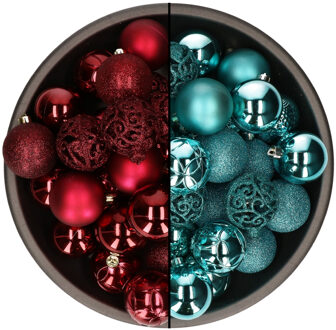 Bellatio Decorations 74x stuks kunststof kerstballen mix van turquoise blauw en donkerrood 6 cm - Kerstbal