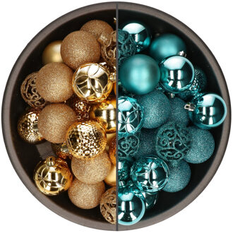 Bellatio Decorations 74x stuks kunststof kerstballen mix van turquoise blauw en goud 6 cm - Kerstbal