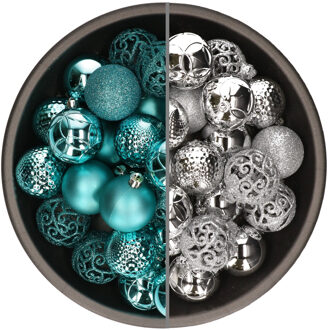 Bellatio Decorations 74x stuks kunststof kerstballen mix van turquoise blauw en zilver 6 cm