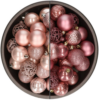 Bellatio Decorations 74x stuks kunststof kerstballen mix van velvet roze en lichtroze 6 cm - Kerstbal