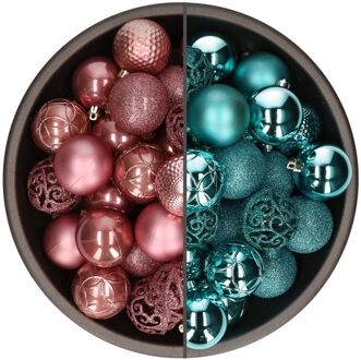 Bellatio Decorations 74x stuks kunststof kerstballen mix van velvet roze en turquoise blauw 6 cm - Kerstbal