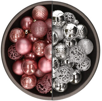 Bellatio Decorations 74x stuks kunststof kerstballen mix van velvet roze en zilver 6 cm - Kerstbal