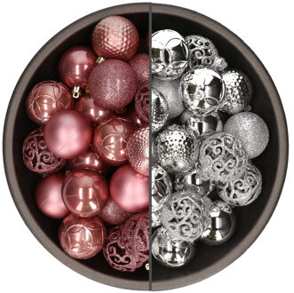 Bellatio Decorations 74x stuks kunststof kerstballen mix van velvet roze en zilver 6 cm