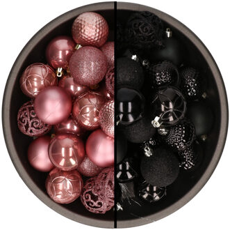 Bellatio Decorations 74x stuks kunststof kerstballen mix van velvet roze en zwart 6 cm - Kerstbal