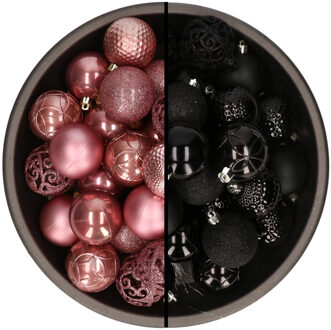 Bellatio Decorations 74x stuks kunststof kerstballen mix van velvet roze en zwart 6 cm