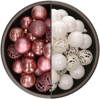 Bellatio Decorations 74x stuks kunststof kerstballen mix van wit en oudroze 6 cm - Kerstbal