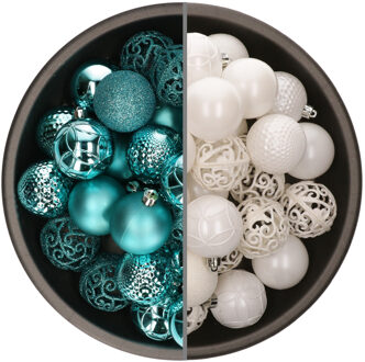 Bellatio Decorations 74x stuks kunststof kerstballen mix van wit en turquoise blauw 6 cm - Kerstbal