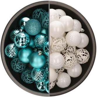 Bellatio Decorations 74x stuks kunststof kerstballen mix van wit en turquoise blauw 6 cm
