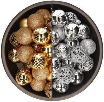 Bellatio Decorations 74x stuks kunststof kerstballen mix van zilver en goud 6 cm - Kerstbal Goudkleurig