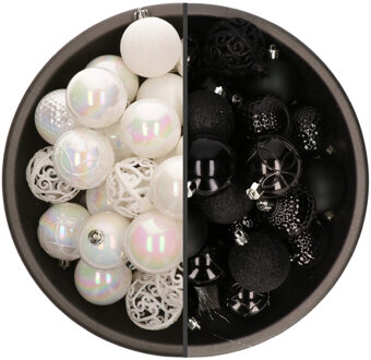 Bellatio Decorations 74x stuks kunststof kerstballen mix van zwart en parelmoer wit 6 cm - Kerstbal