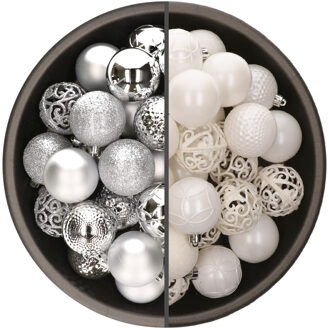 Bellatio Decorations 74x stuks kunststof kerstballen mix zilver en wit 6 cm