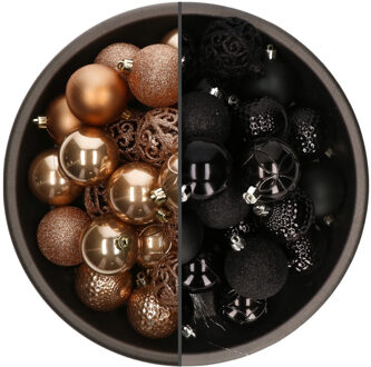 Bellatio Decorations 74x stuks kunststof kerstballen mix zwart en camel bruin 6 cm - Kerstbal