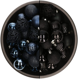 Bellatio Decorations 74x stuks kunststof kerstballen mix zwart en donkerblauw 6 cm