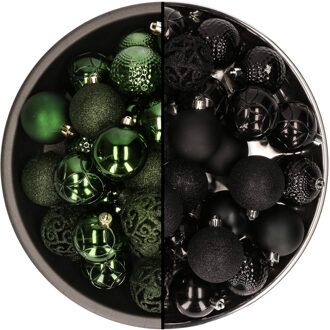 Bellatio Decorations 74x stuks kunststof kerstballen mix zwart en donkergroen 6 cm - Kerstbal