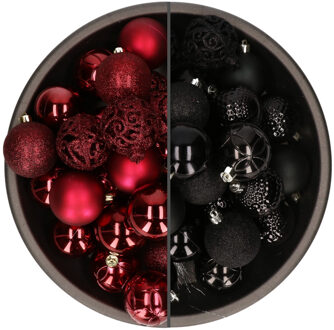 Bellatio Decorations 74x stuks kunststof kerstballen mix zwart en donkerrood 6 cm - Kerstbal