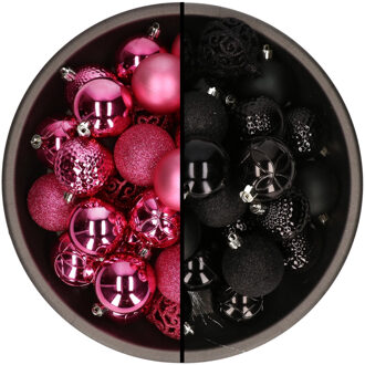 Bellatio Decorations 74x stuks kunststof kerstballen mix zwart en fuchsia roze 6 cm