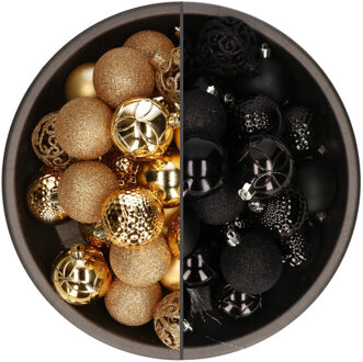 Bellatio Decorations 74x stuks kunststof kerstballen mix zwart en goud 6 cm - Kerstbal Goudkleurig