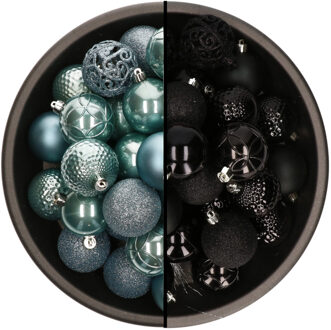 Bellatio Decorations 74x stuks kunststof kerstballen mix zwart en ijsblauw 6 cm
