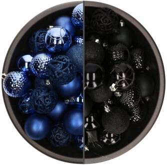 Bellatio Decorations 74x stuks kunststof kerstballen mix zwart en kobalt blauw 6 cm