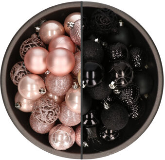 Bellatio Decorations 74x stuks kunststof kerstballen mix zwart en lichtroze 6 cm