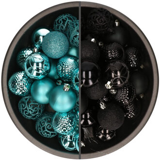 Bellatio Decorations 74x stuks kunststof kerstballen mix zwart en turquoise blauw 6 cm - Kerstbal