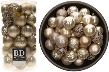 Bellatio Decorations 74x stuks kunststof kerstballen parel/champagne 6 cm glans/mat/glitter mix - Kerstbal Champagnekleurig