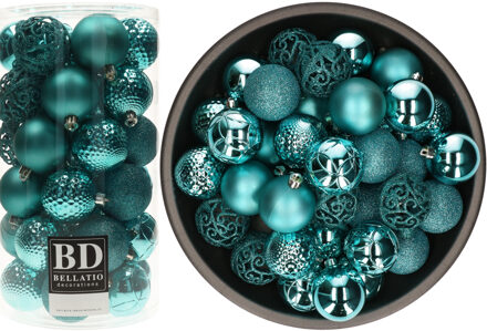 Bellatio Decorations 74x stuks kunststof kerstballen turquoise blauw 6 cm glans/mat/glitter mix - Kerstbal